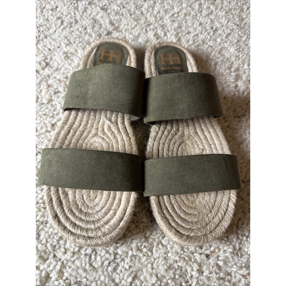 HH Haute Hippie Woven Jute‎ Espadrille Nori Sandals Olive Green Faux Suede 10 M